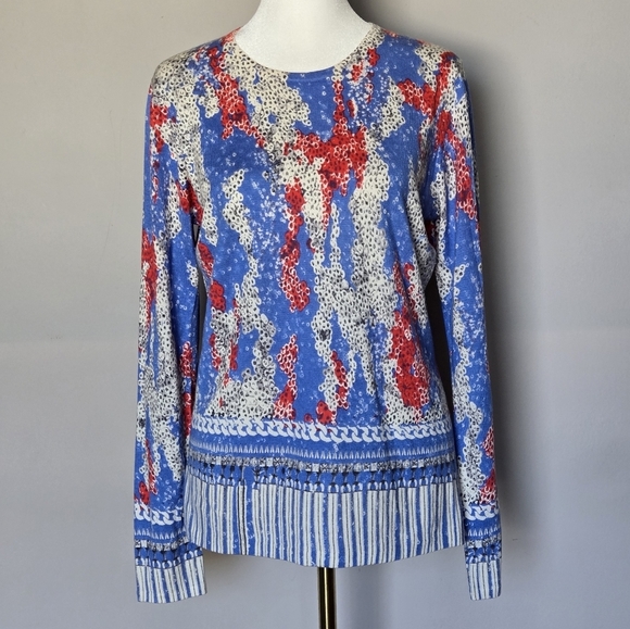 Neiman Marcus Cashmere Silk Women's Red White Blue Patterned Crew Neck Sweater M - Picture 1 of 9